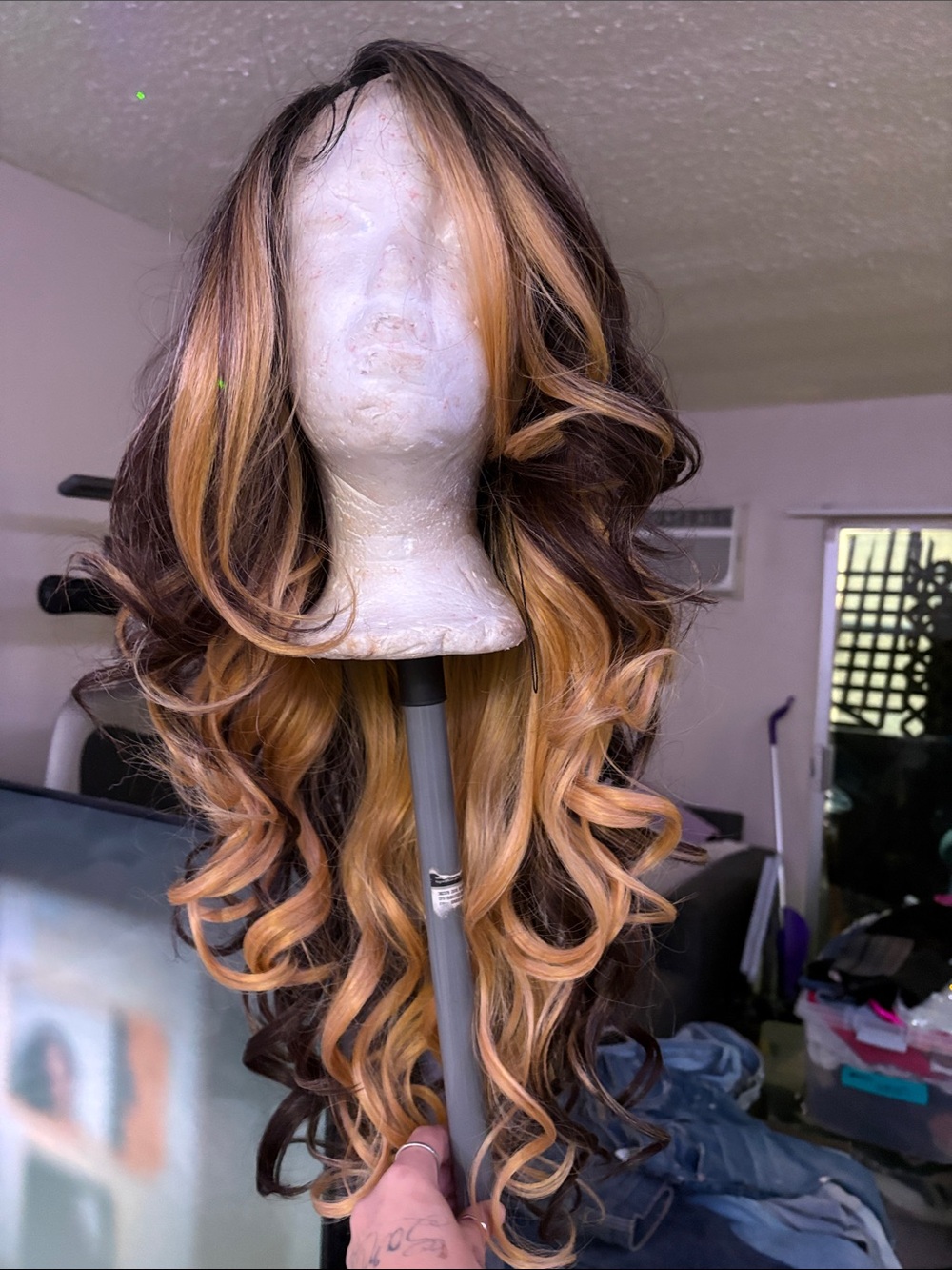 Women’s Long Curly Synthetic Wig - Honey Blonde Highlights